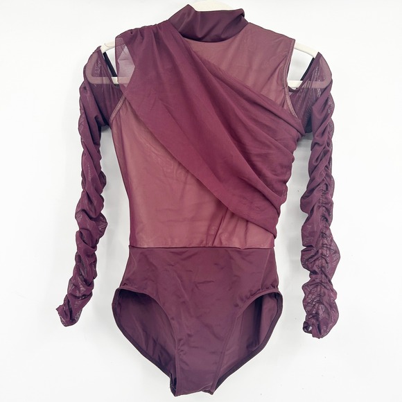Balera Burgundy Mesh Draped Lyrical Dance Leotard Ruched Long Sleeve Size MA - Picture 1 of 7